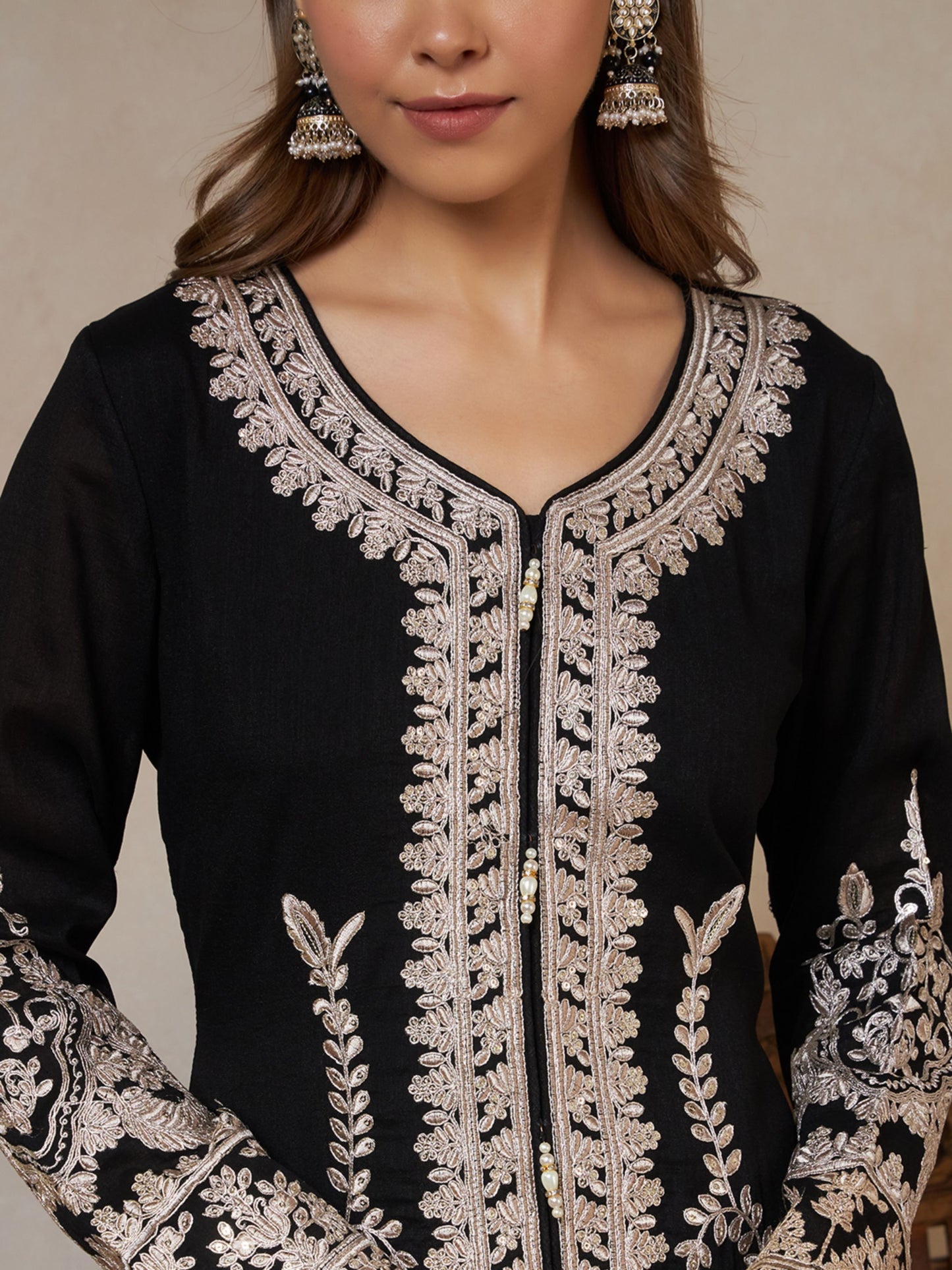 Black Embroidered Silk Women's Kurta,Palazzo and Dupatta Set