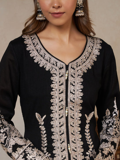 Black Embroidered Silk Women's Kurta,Palazzo and Dupatta Set