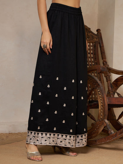 Black Embroidered Silk Women's Kurta,Palazzo and Dupatta Set