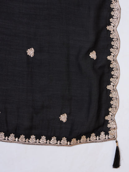 Black Embroidered Silk Women's Kurta,Palazzo and Dupatta Set