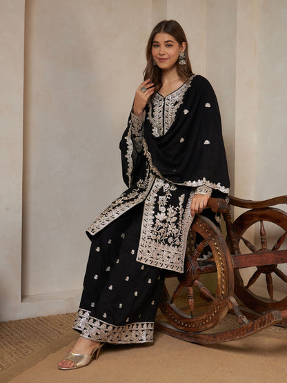Black Embroidered Silk Women's Kurta,Palazzo and Dupatta Set