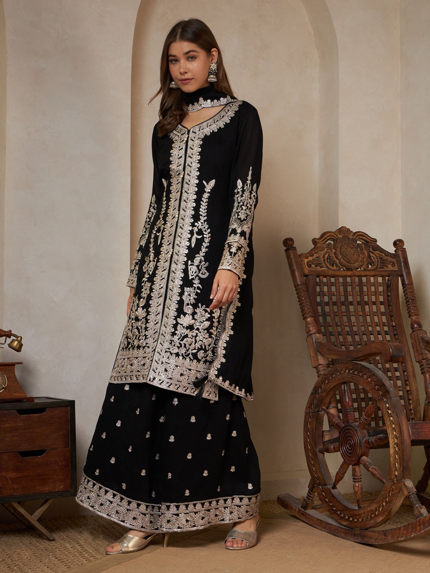 Black Embroidered Silk Women's Kurta,Palazzo and Dupatta Set