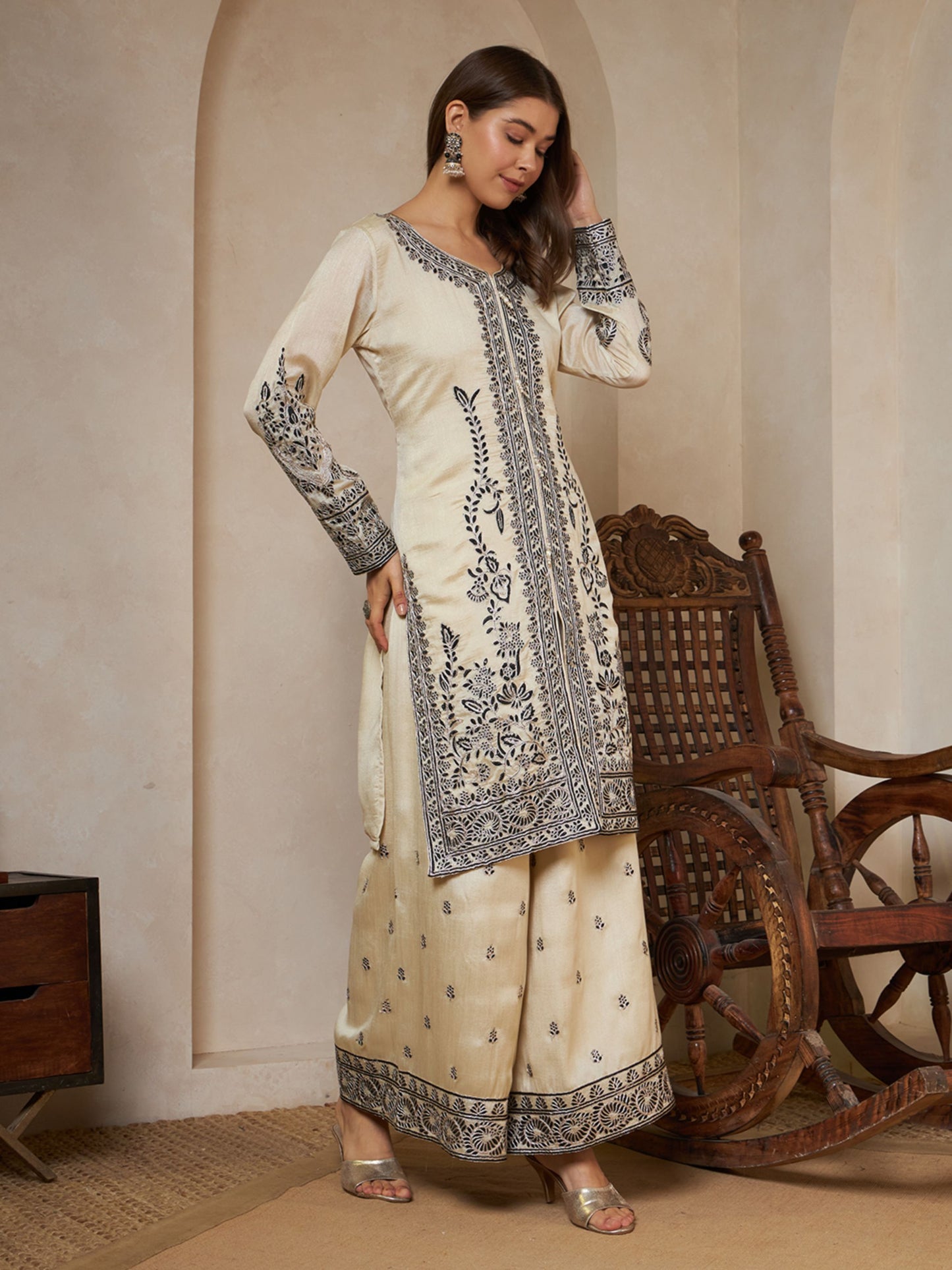 Black Embroidered Silk Women's Kurta,Palazzo and Dupatta Set