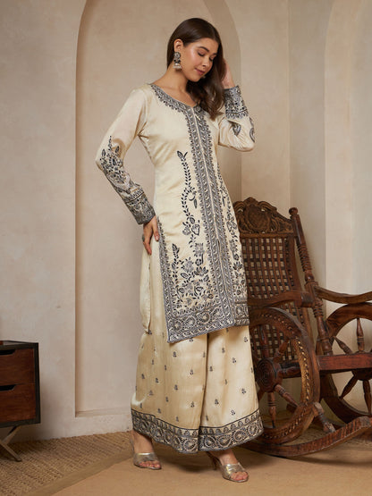 Black Embroidered Silk Women's Kurta,Palazzo and Dupatta Set