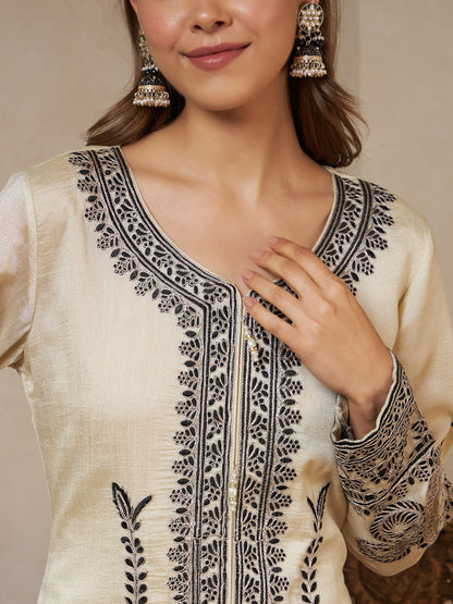 Black Embroidered Silk Women's Kurta,Palazzo and Dupatta Set