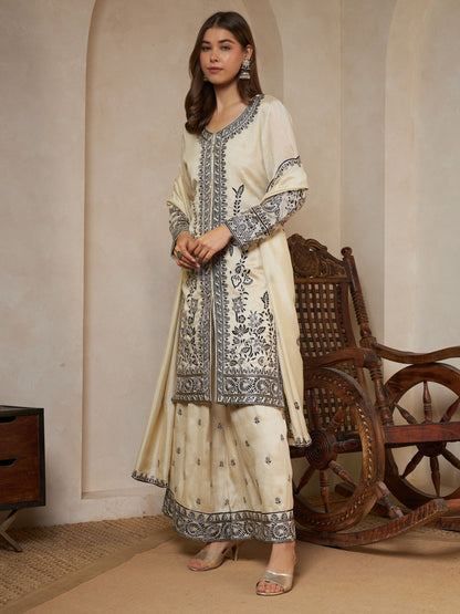 Black Embroidered Silk Women's Kurta,Palazzo and Dupatta Set