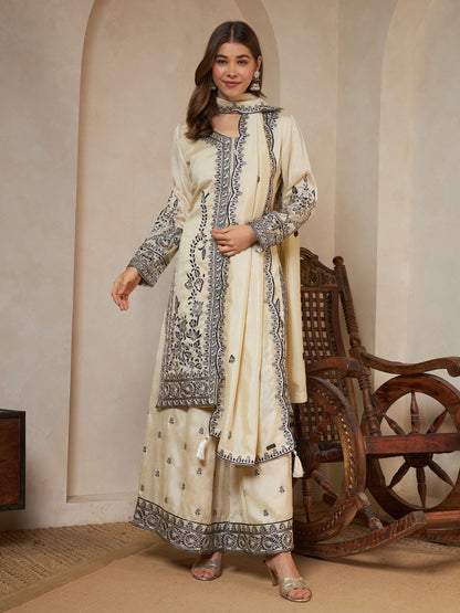 Black Embroidered Silk Women's Kurta,Palazzo and Dupatta Set