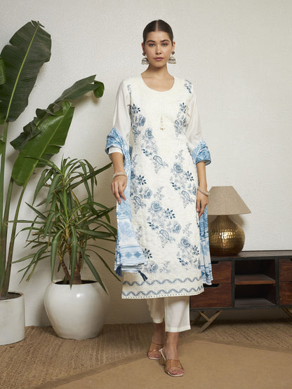 Petrol Green Embroidered Silk Women's Kurta, Pyjama & Dupatta Set