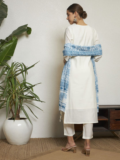 Petrol Green Embroidered Silk Women's Kurta, Pyjama & Dupatta Set