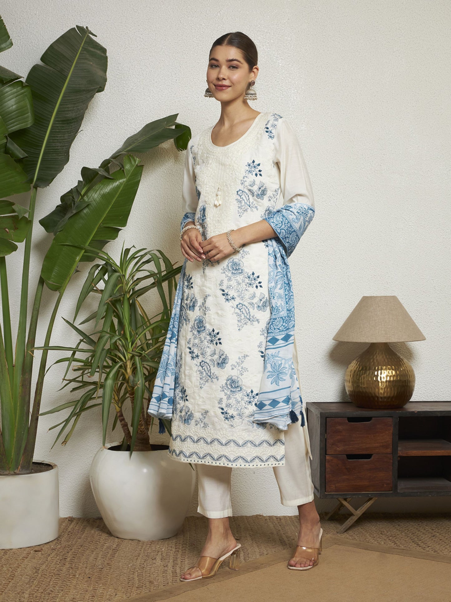 Petrol Green Embroidered Silk Women's Kurta, Pyjama & Dupatta Set