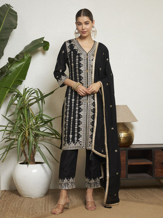 Black Embroidered Silk Women's Kurta, Pyjama & Dupatta Set