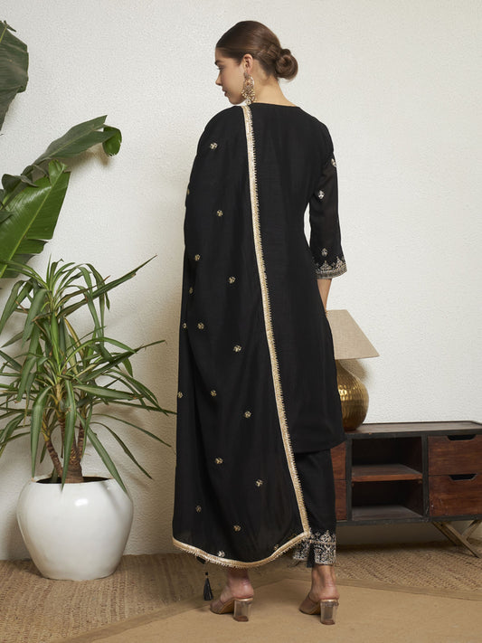 Black Embroidered Silk Women's Kurta, Pyjama & Dupatta Set