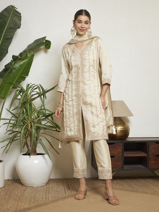 Ivory Embroidered Silk Women's Kurta, Pyjama & Dupatta Set
