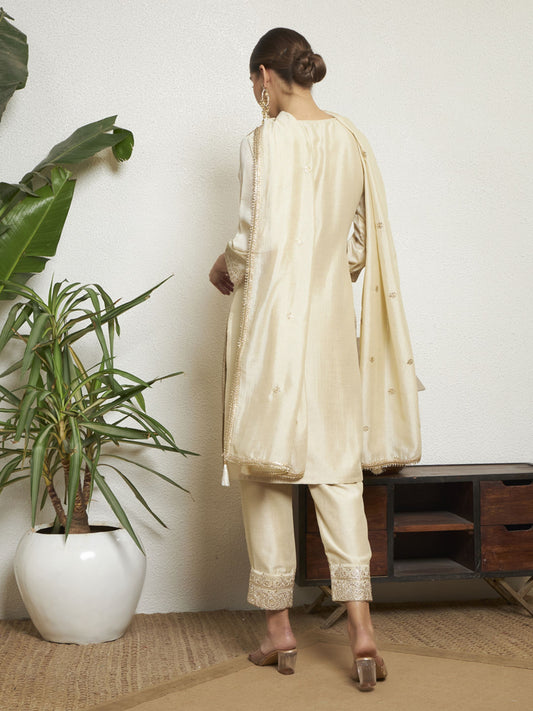 Ivory Embroidered Silk Women's Kurta, Pyjama & Dupatta Set