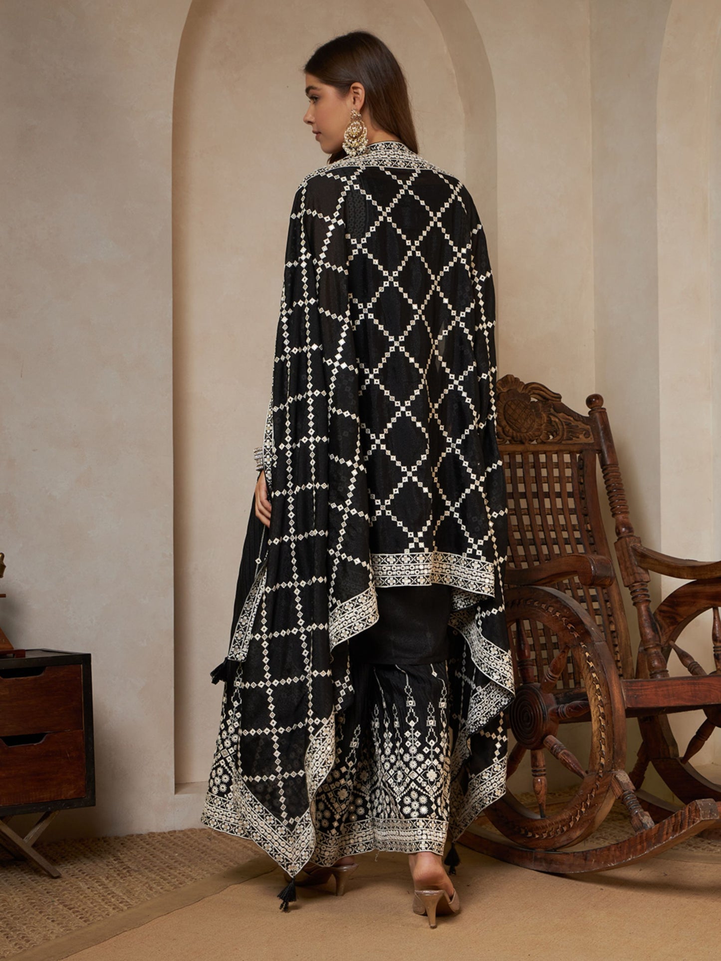 Sparkle Black Embroidered Georgette Women's Kurta,Palazzo and Dupatta Set