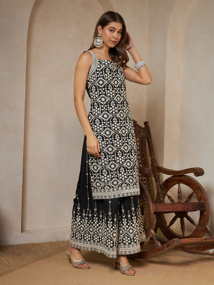 Sparkle Black Embroidered Georgette Women's Kurta,Palazzo and Dupatta Set