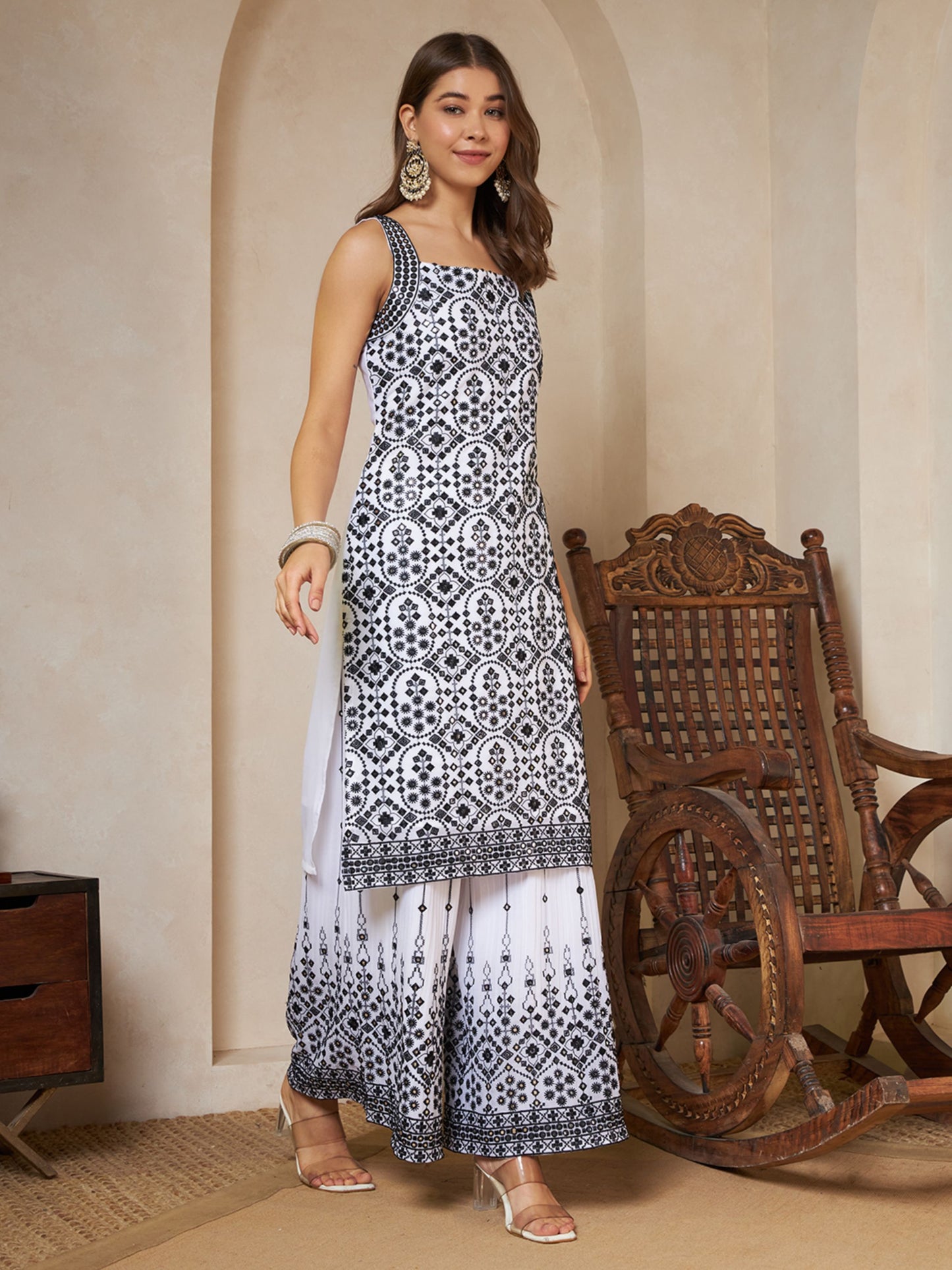 Sparkle Black Embroidered Georgette Women's Kurta,Palazzo and Dupatta Set