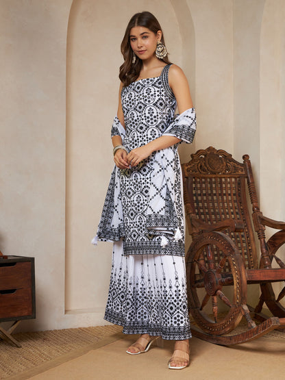 Sparkle Black Embroidered Georgette Women's Kurta,Palazzo and Dupatta Set