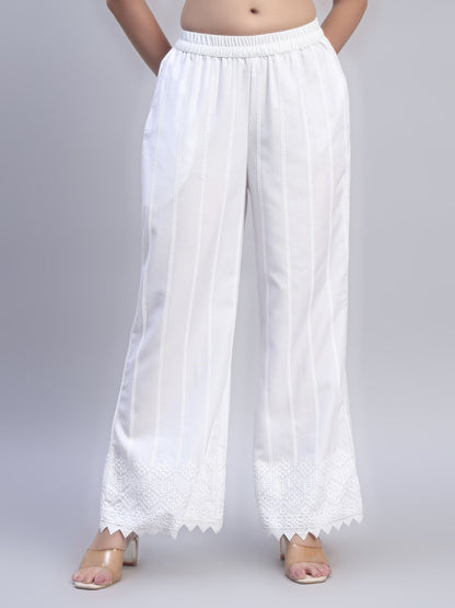 White Chikankari Cotton blend Women's Palazzo