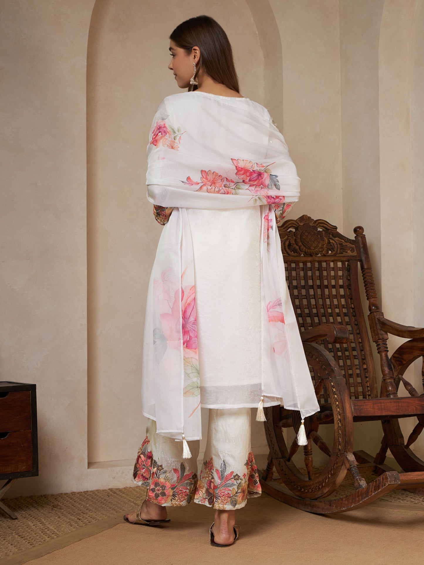 Peach Orange Embroidered Silk Women's Kurta,Palazzo and Dupatta Set