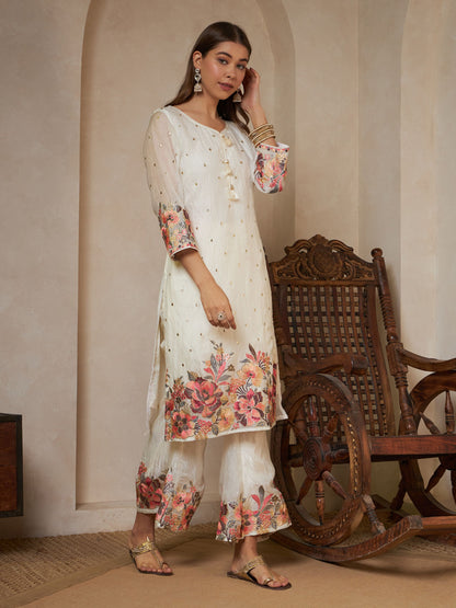 Peach Orange Embroidered Silk Women's Kurta,Palazzo and Dupatta Set