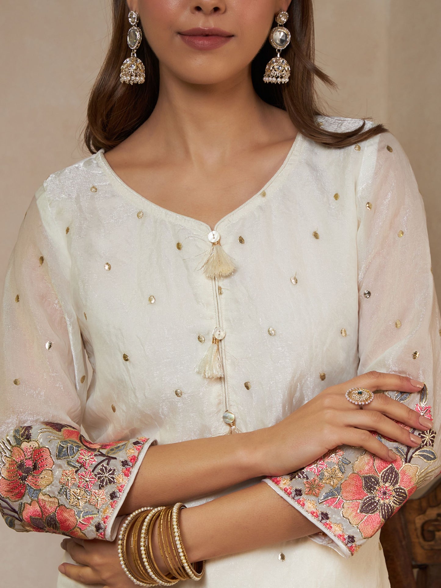 Peach Orange Embroidered Silk Women's Kurta,Palazzo and Dupatta Set