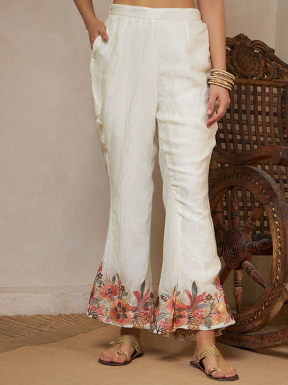 Peach Orange Embroidered Silk Women's Kurta,Palazzo and Dupatta Set