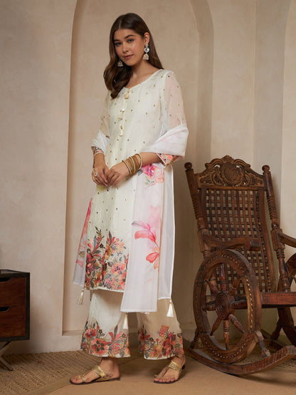 Peach Orange Embroidered Silk Women's Kurta,Palazzo and Dupatta Set