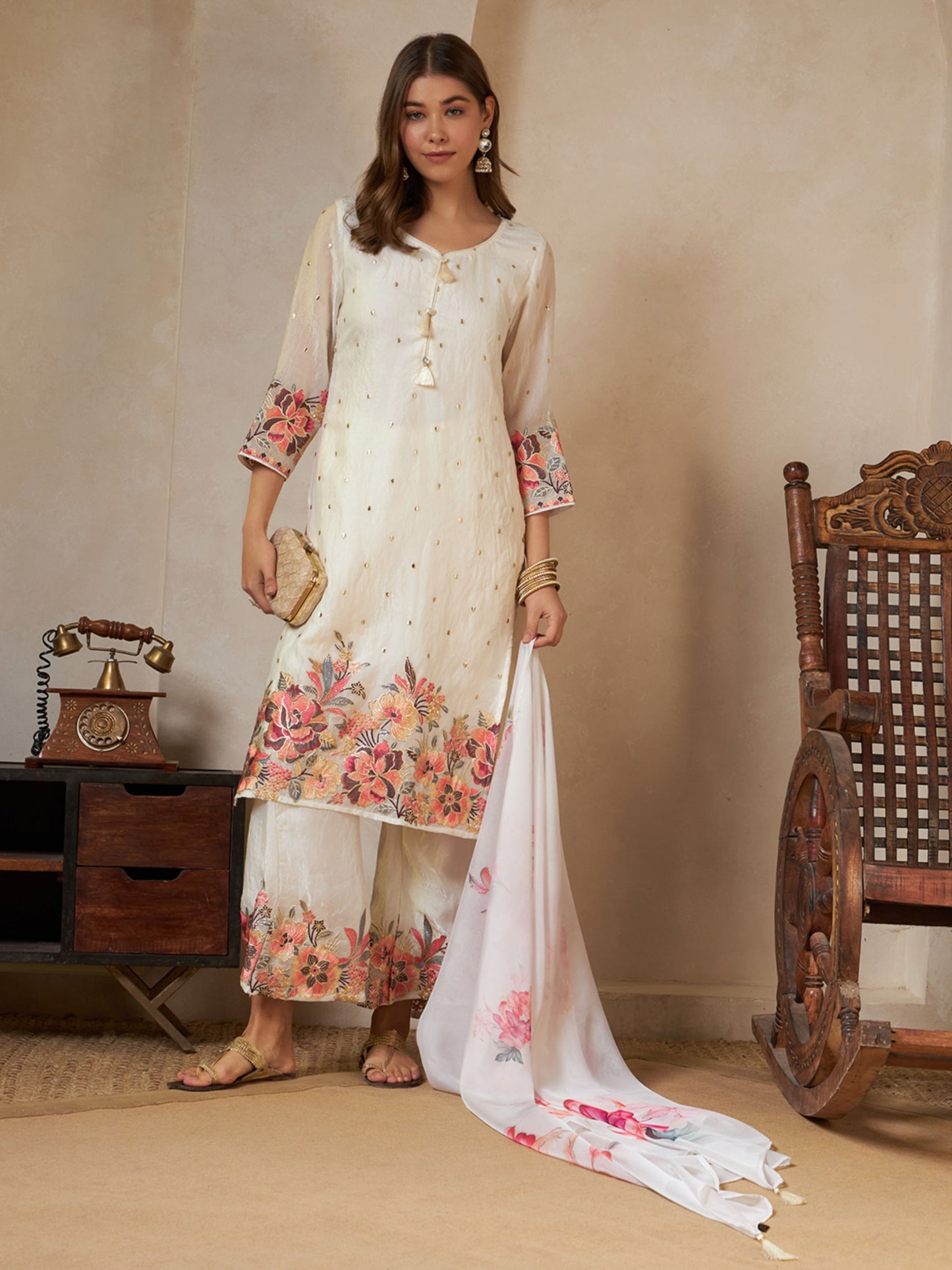 Peach Orange Embroidered Silk Women's Kurta,Palazzo and Dupatta Set