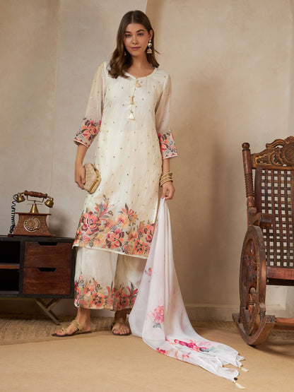 Peach Orange Embroidered Silk Women's Kurta,Palazzo and Dupatta Set