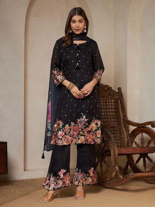 Black Embroidered Silk Women's Kurta,Palazzo and Dupatta Set