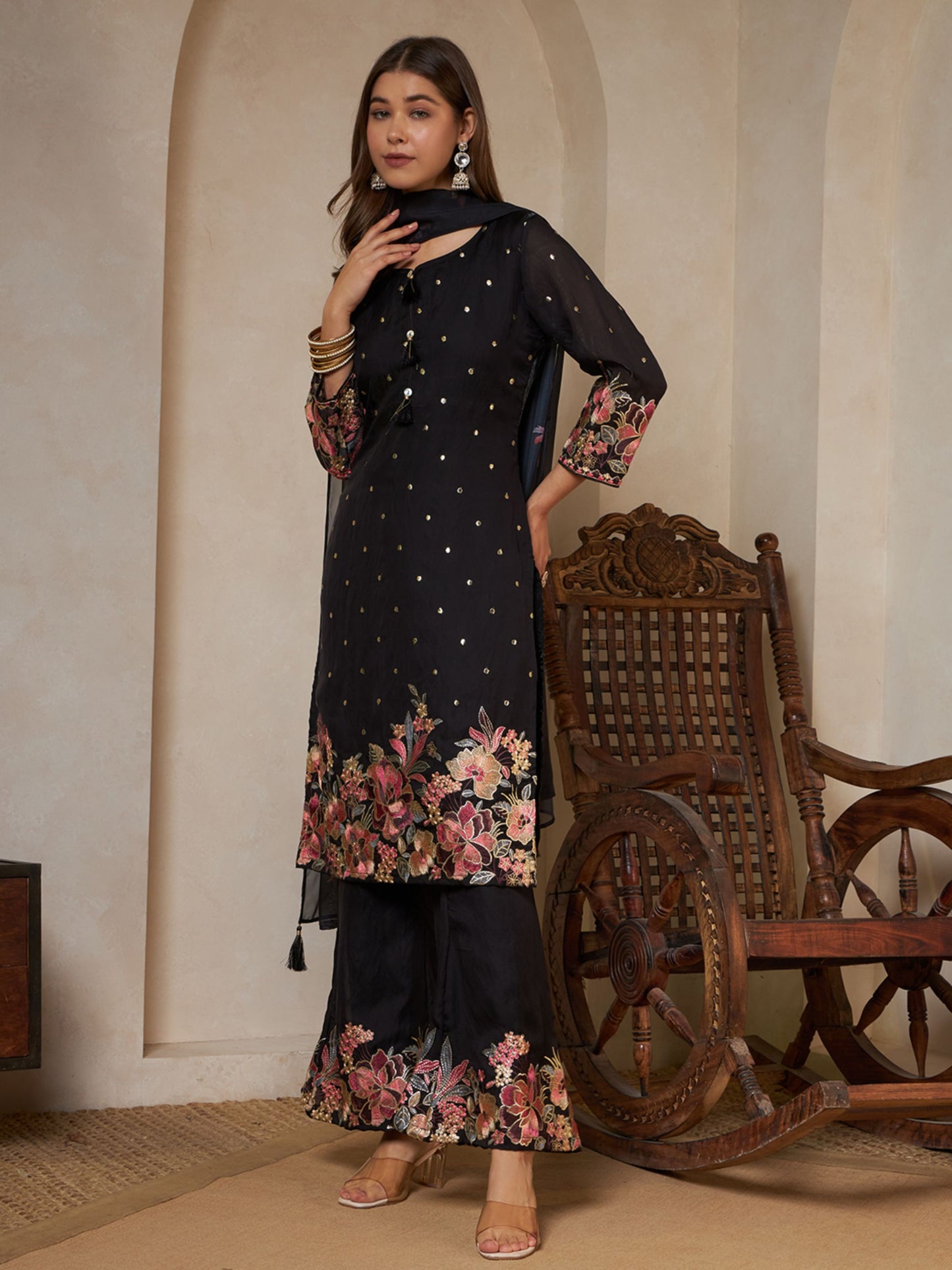 Peach Orange Embroidered Silk Women's Kurta,Palazzo and Dupatta Set