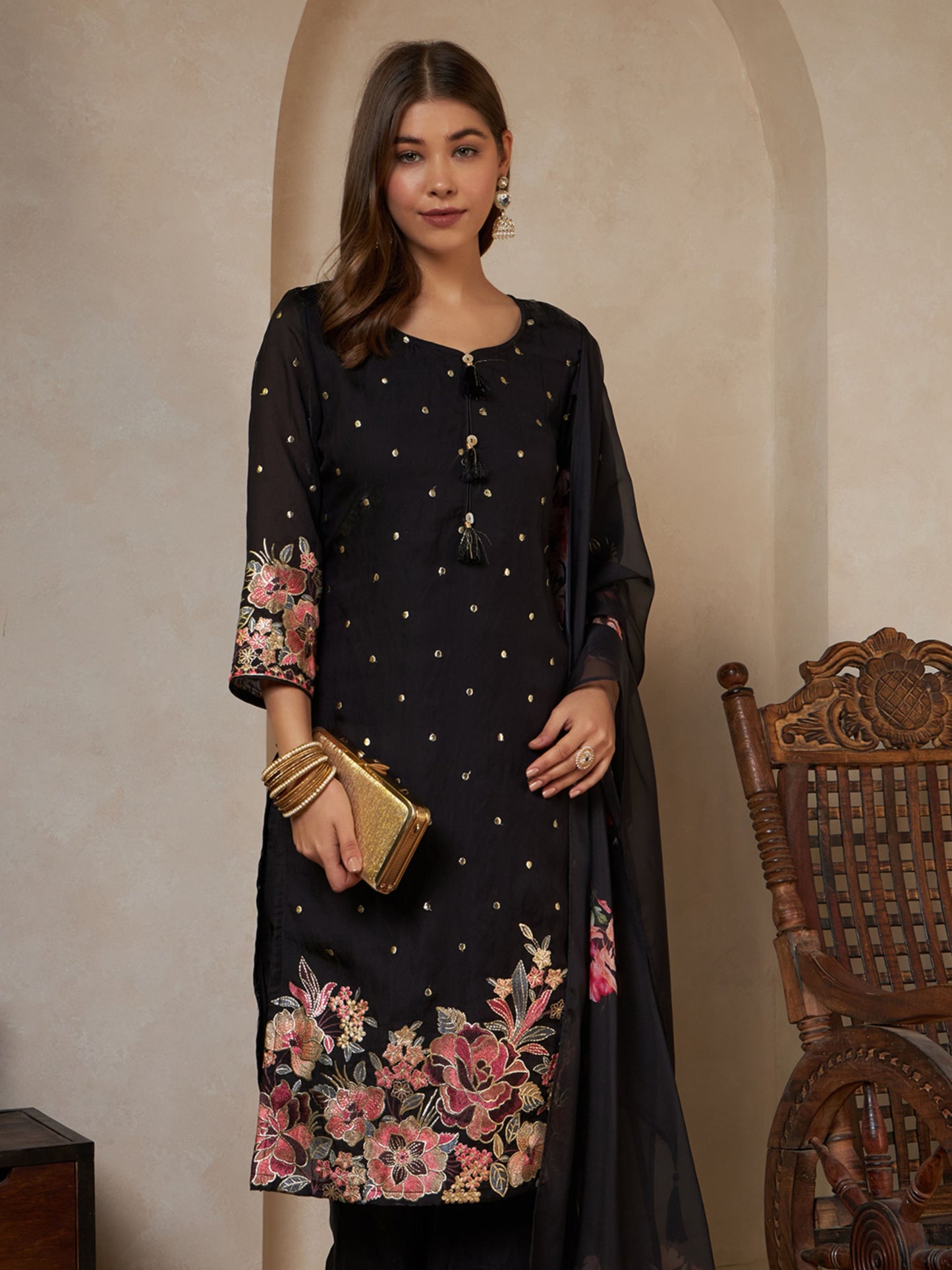 Peach Orange Embroidered Silk Women's Kurta,Palazzo and Dupatta Set