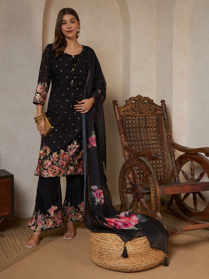 Peach Orange Embroidered Silk Women's Kurta,Palazzo and Dupatta Set