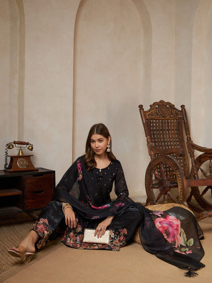 Peach Orange Embroidered Silk Women's Kurta,Palazzo and Dupatta Set