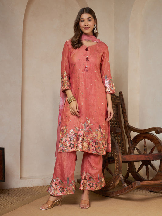 Peach Orange Embroidered Silk Women's Kurta,Palazzo and Dupatta Set