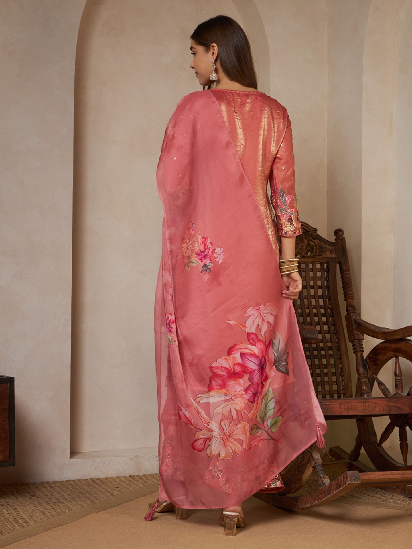 Peach Orange Embroidered Silk Women's Kurta,Palazzo and Dupatta Set