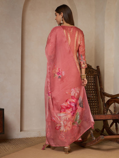 Peach Orange Embroidered Silk Women's Kurta,Palazzo and Dupatta Set