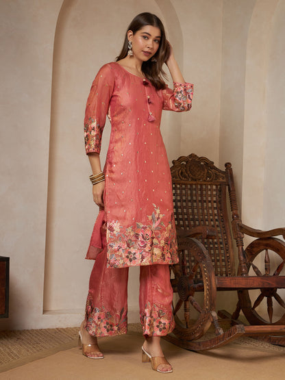 Peach Orange Embroidered Silk Women's Kurta,Palazzo and Dupatta Set