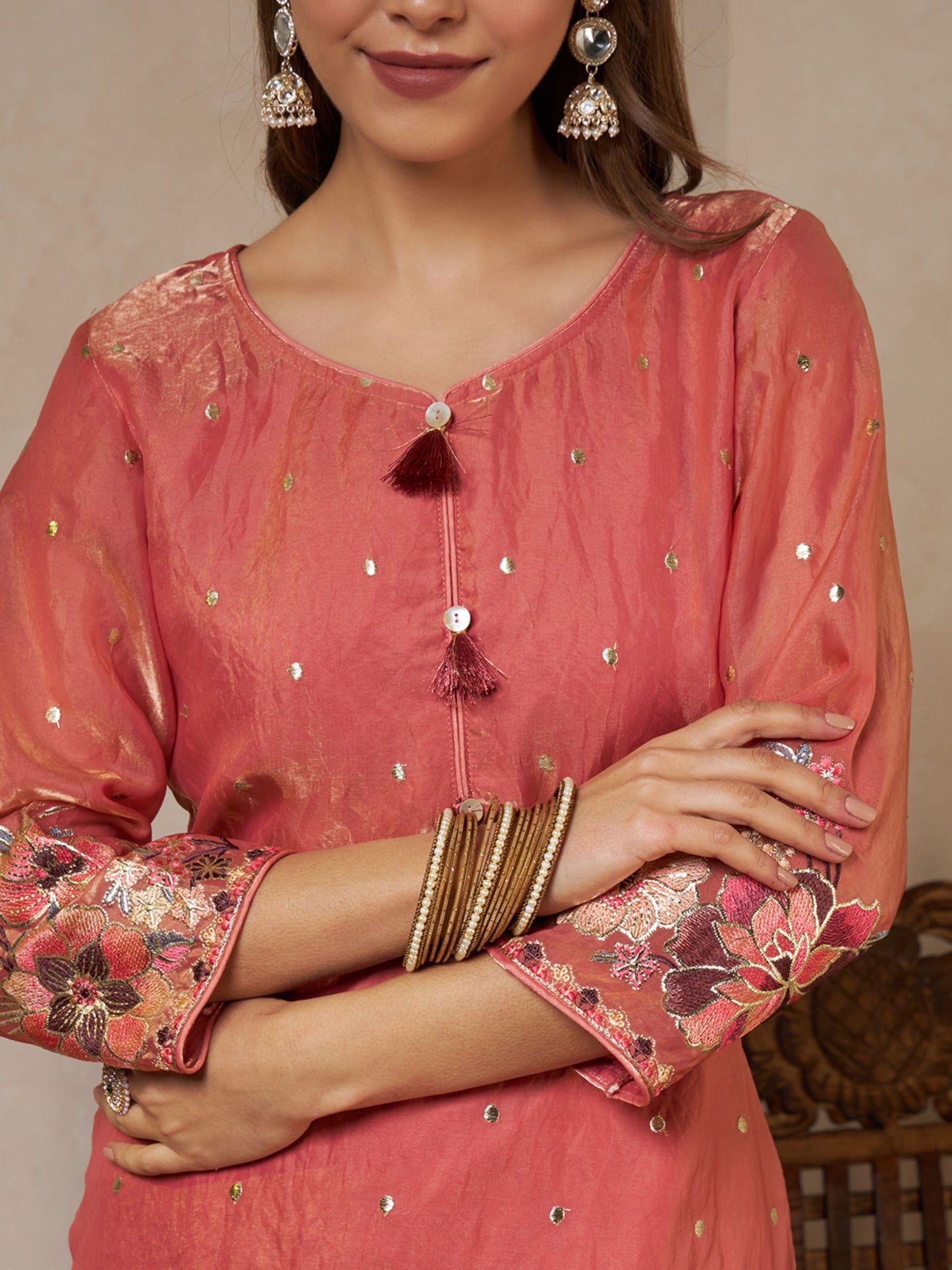 Peach Orange Embroidered Silk Women's Kurta,Palazzo and Dupatta Set