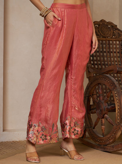 Peach Orange Embroidered Silk Women's Kurta,Palazzo and Dupatta Set