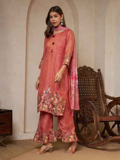 Peach Orange Embroidered Silk Women's Kurta,Palazzo and Dupatta Set