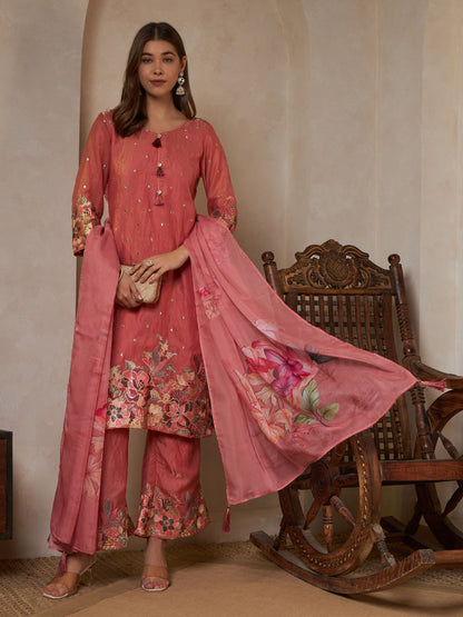 Peach Orange Embroidered Silk Women's Kurta,Palazzo and Dupatta Set
