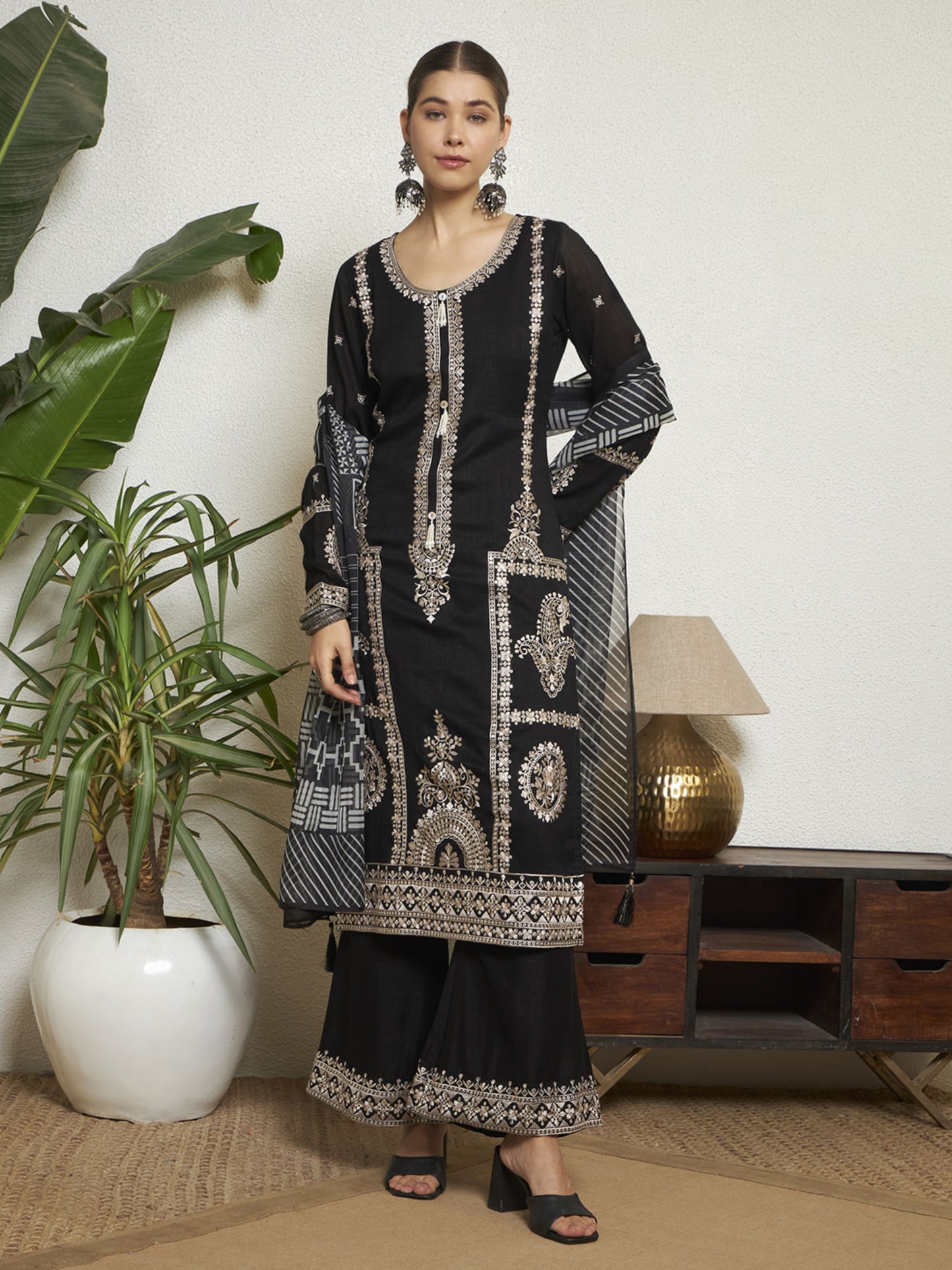 Ivory Embroidered Silk Women's Kurta,Palazzo and Dupatta Set