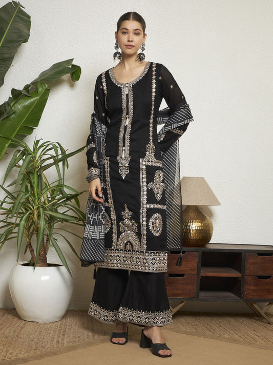 Black Embroidered Silk Women's Kurta,Palazzo and Dupatta Set