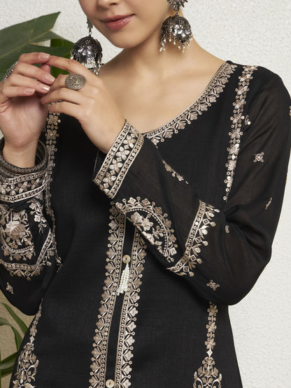 Ivory Embroidered Silk Women's Kurta,Palazzo and Dupatta Set