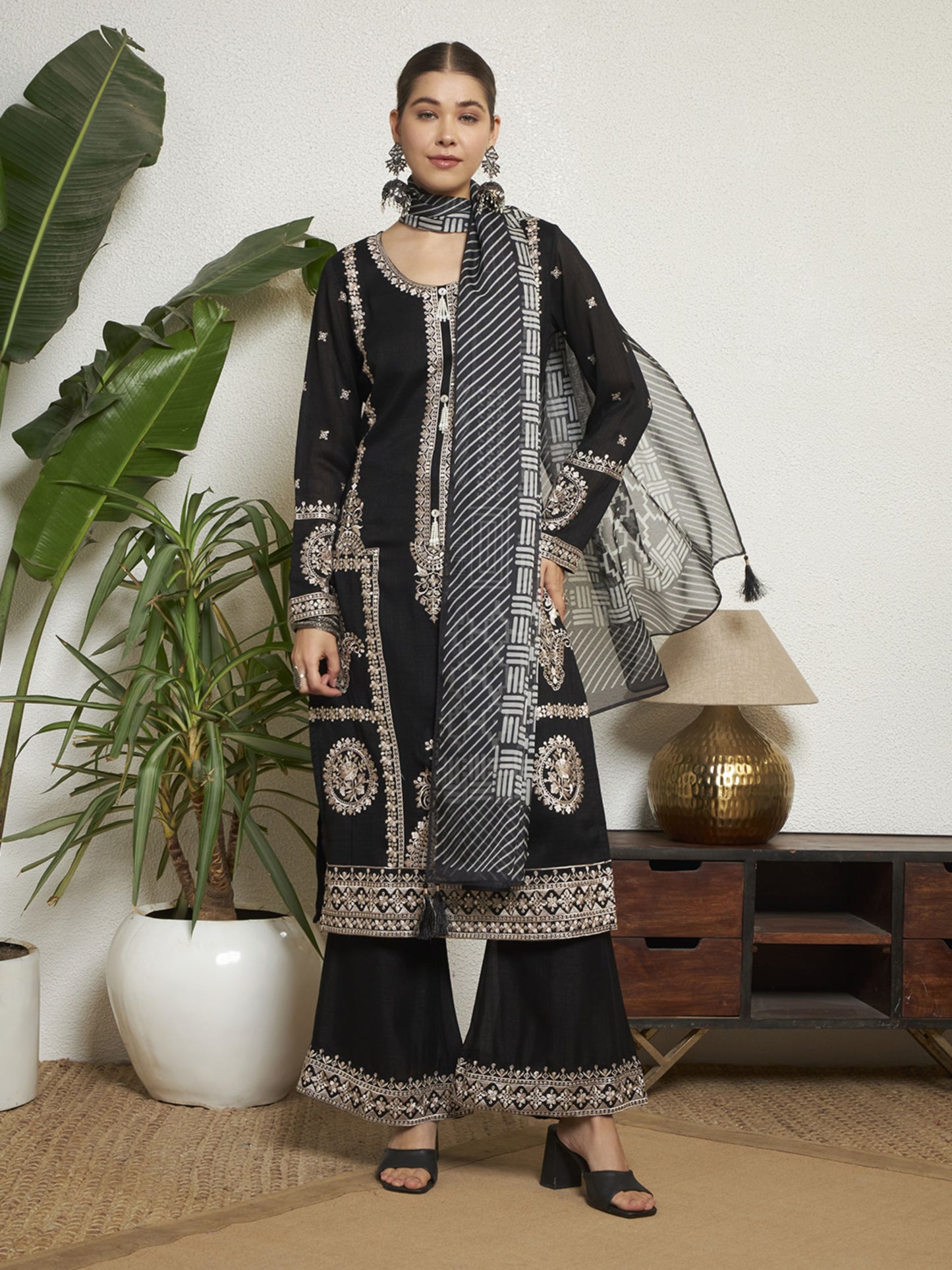 Ivory Embroidered Silk Women's Kurta,Palazzo and Dupatta Set