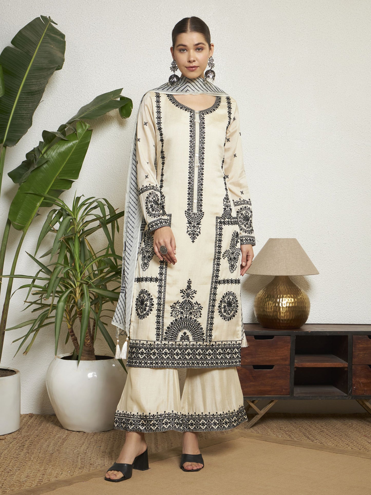 Ivory Embroidered Silk Women's Kurta,Palazzo and Dupatta Set