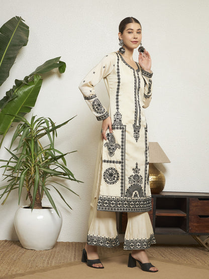 Ivory Embroidered Silk Women's Kurta,Palazzo and Dupatta Set