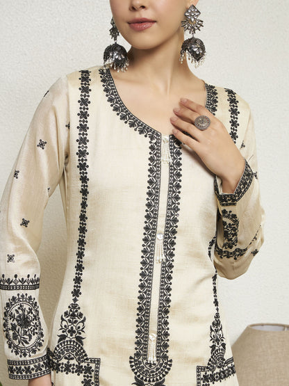 Ivory Embroidered Silk Women's Kurta,Palazzo and Dupatta Set
